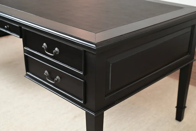 York Grande 185x95 - klassieke Engelse schrijftafel - Zwart - Messing grepen