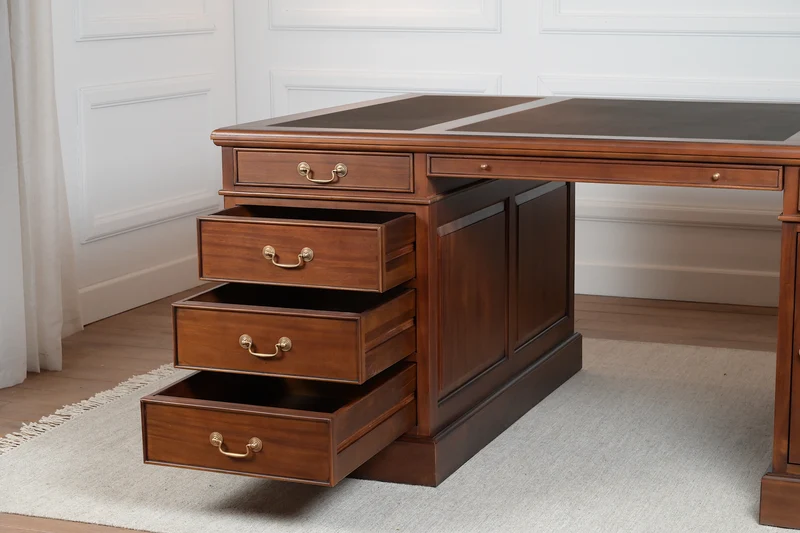 Regent 180x120 Amber, partnerdesk, klassiek Engels bureau, massief mahoniehout