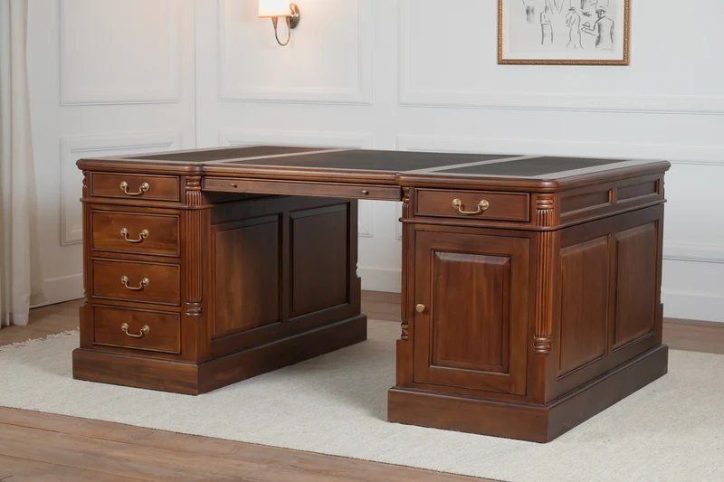 Pillar 180x120 Amber, partnerdesk, klassiek Engels bureau, massief mahoniehout