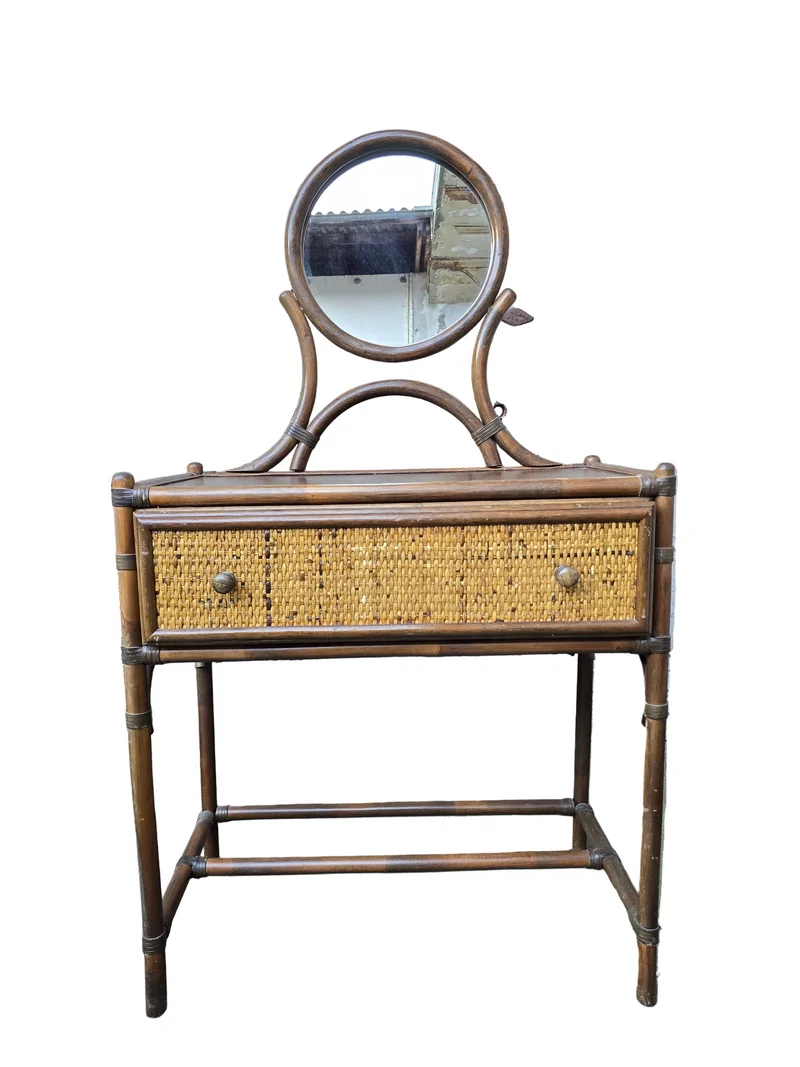Coiffeuse en bambou et rotin avec miroir – style exotique années 1960 / 1970