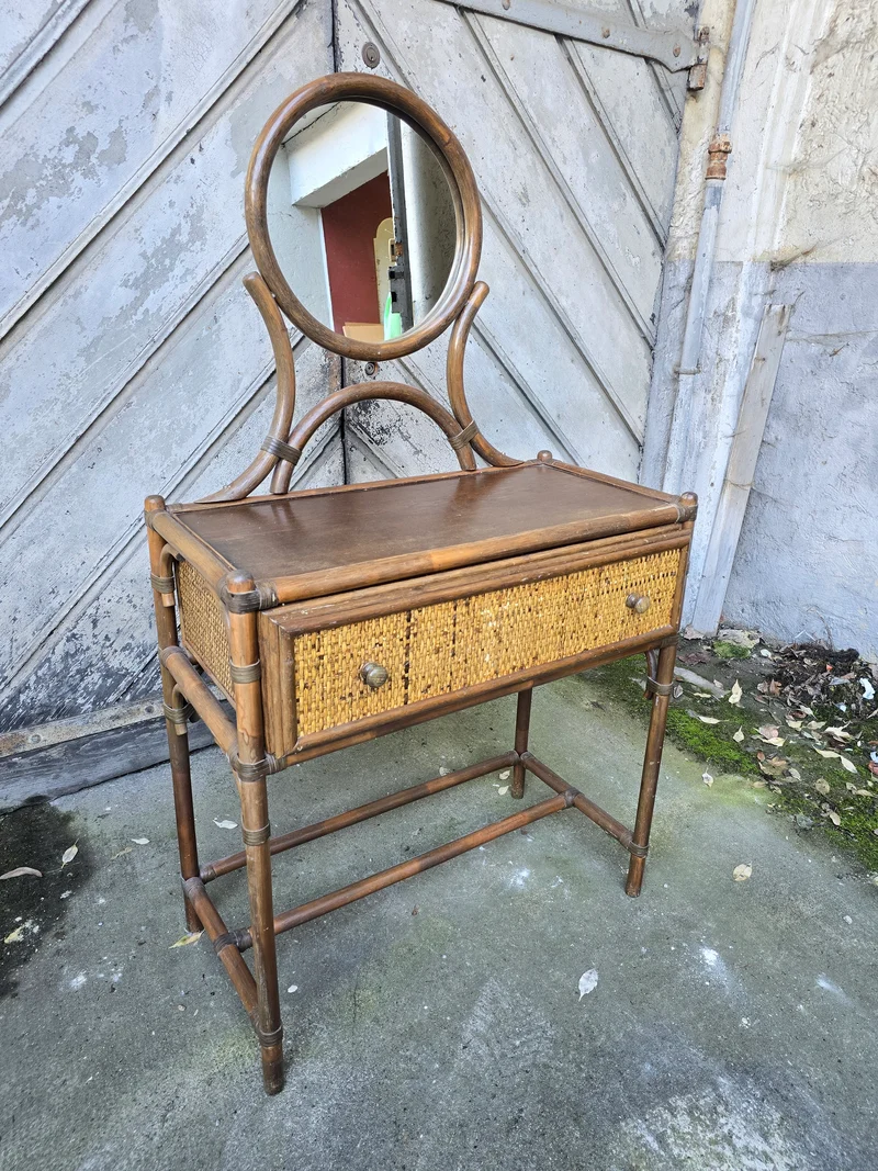 Coiffeuse en bambou et rotin avec miroir – style exotique années 1960 / 1970