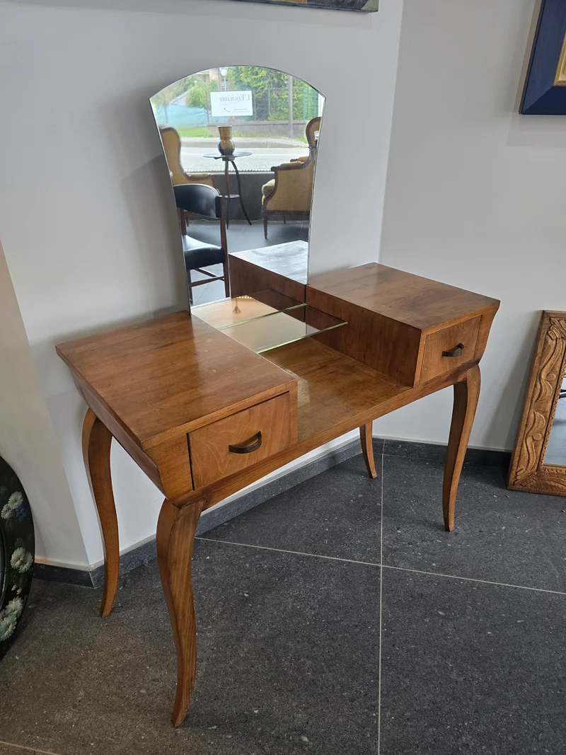Coiffeuse vintage en bois avec miroir – style années 1950
