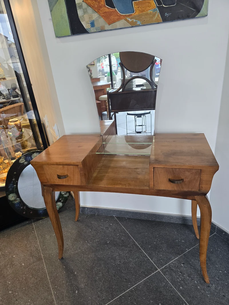 Coiffeuse vintage en bois avec miroir – style années 1950