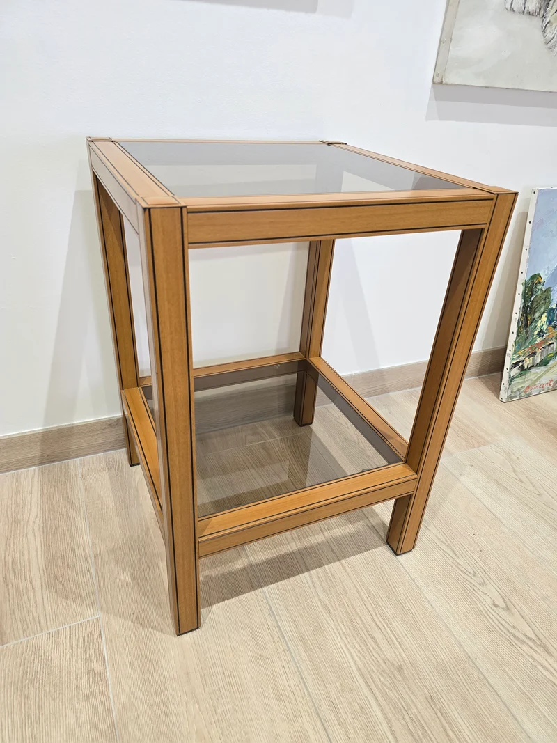 Table d’appoint vintage bois et verre – Design graphique – 1970/1980