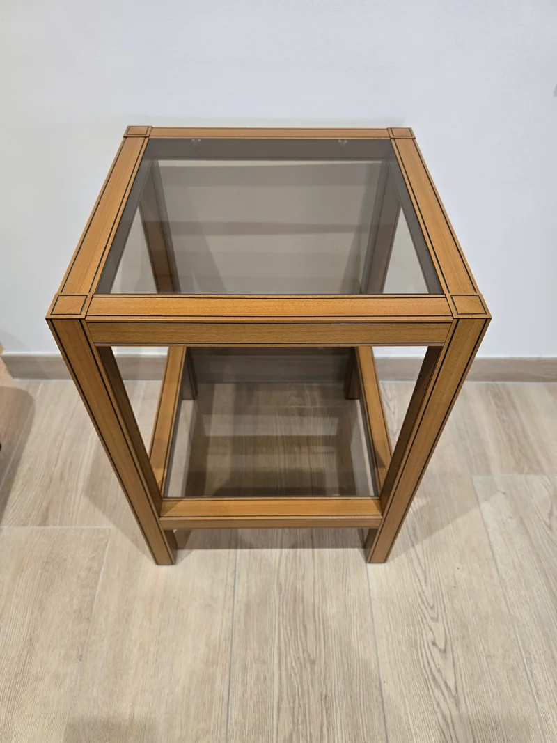 Table d’appoint vintage bois et verre – Design graphique – 1970/1980