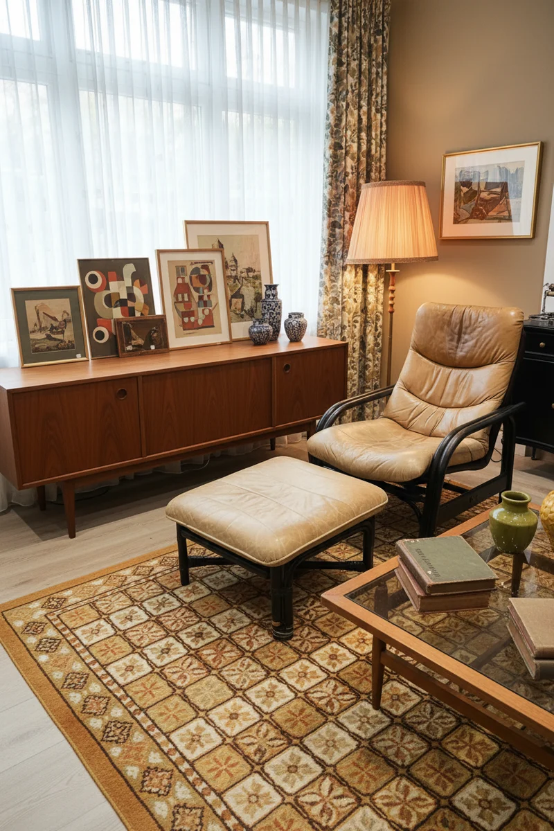 Fauteuil lounge vintage en cuir camel avec ottoman – Structure bois – Années 70