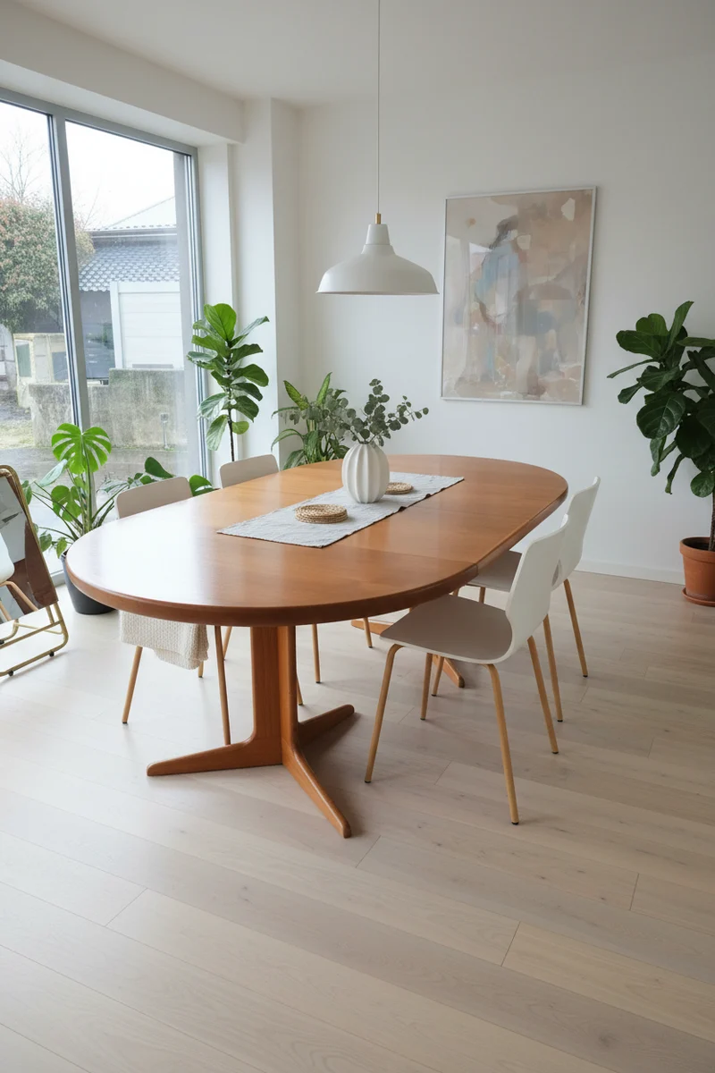 Table ronde extensible en teck – Design scandinave vintage – Ø120 cm + 2 rallonges