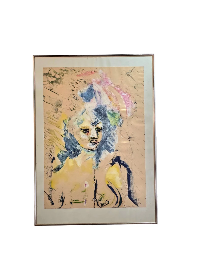 Peinture sur papier – Portrait féminin abstrait – Signée Oger