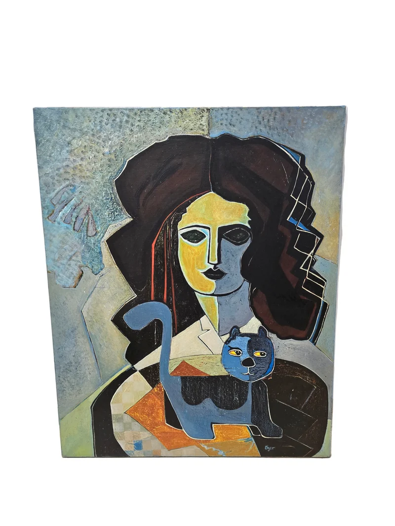 Tableau contemporain figuratif signé Oger – Femme au chat, composition moderniste, XXᵉ siècle