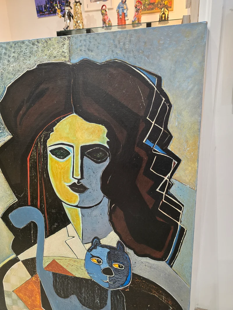 Tableau contemporain figuratif signé Oger – Femme au chat, composition moderniste, XXᵉ siècle