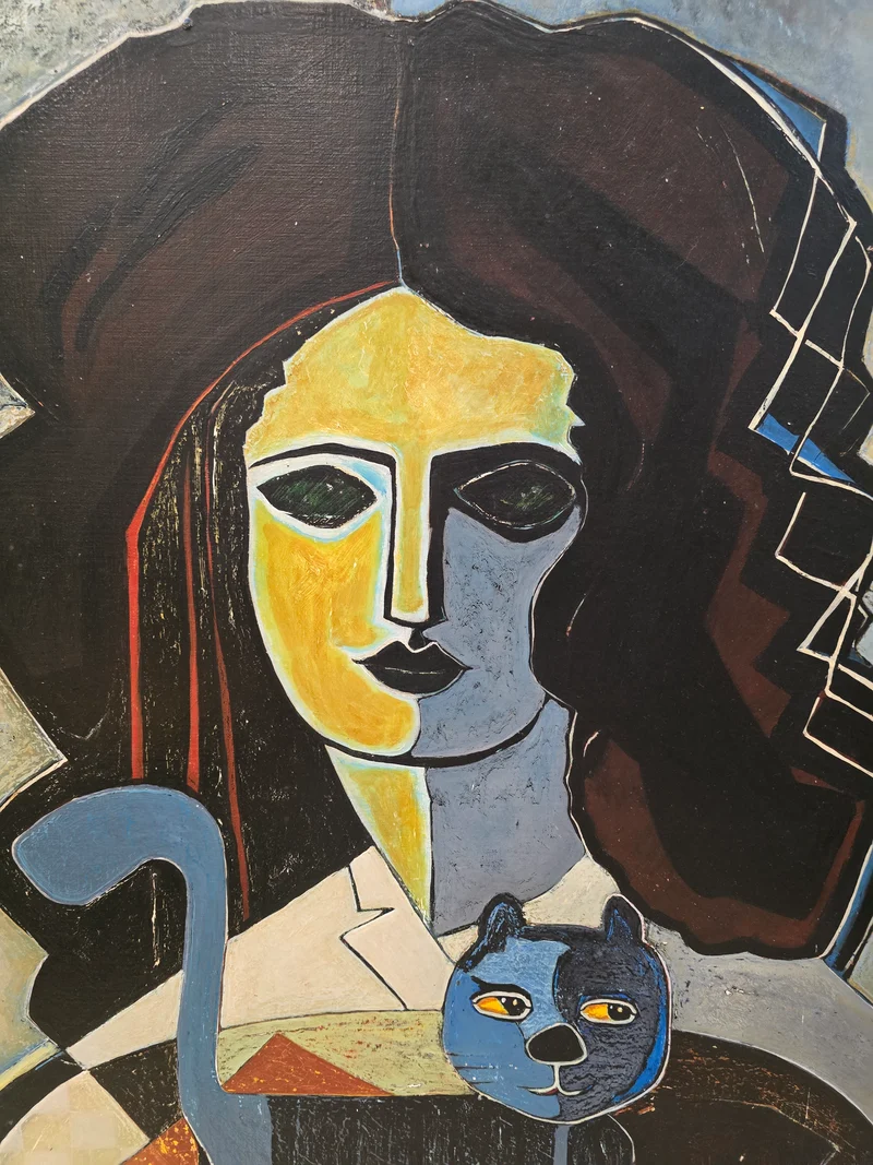 Tableau contemporain figuratif signé Oger – Femme au chat, composition moderniste, XXᵉ siècle