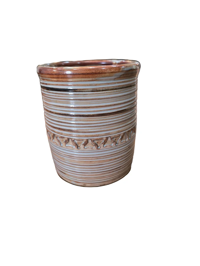 Pot cylindrique en grès émaillé tourné strié signé – Artisan potier