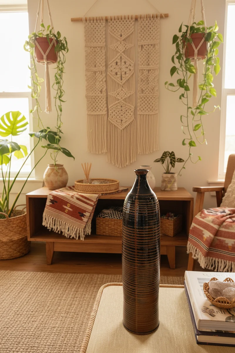 Vase en grès émaillé strié – Tons brun et noir – Travail artisanal – Années 1970