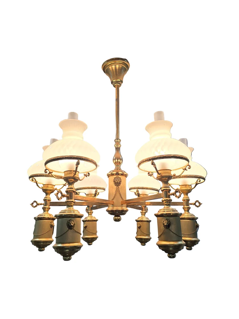 Grand lustre ancien style Empire — laiton doré & verres opalins