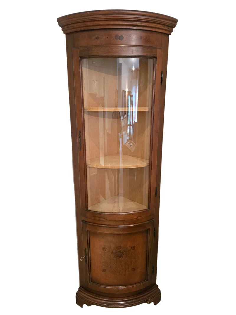 Vitrine d’encoignure ancienne en bois marqueté — Travail début XXe