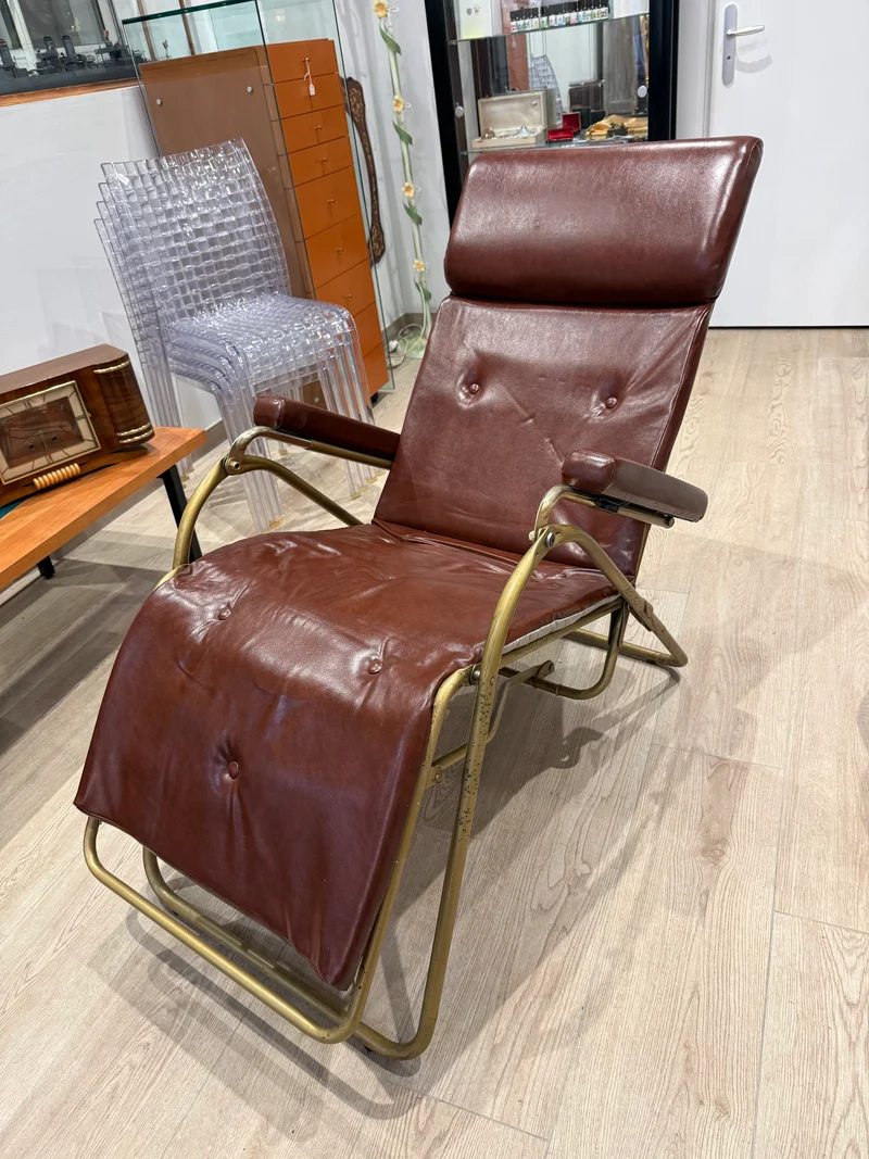 Fauteuil relax inclinable LAMA en cuir marron et structure tubulaire – Italie – Années 1960/1970