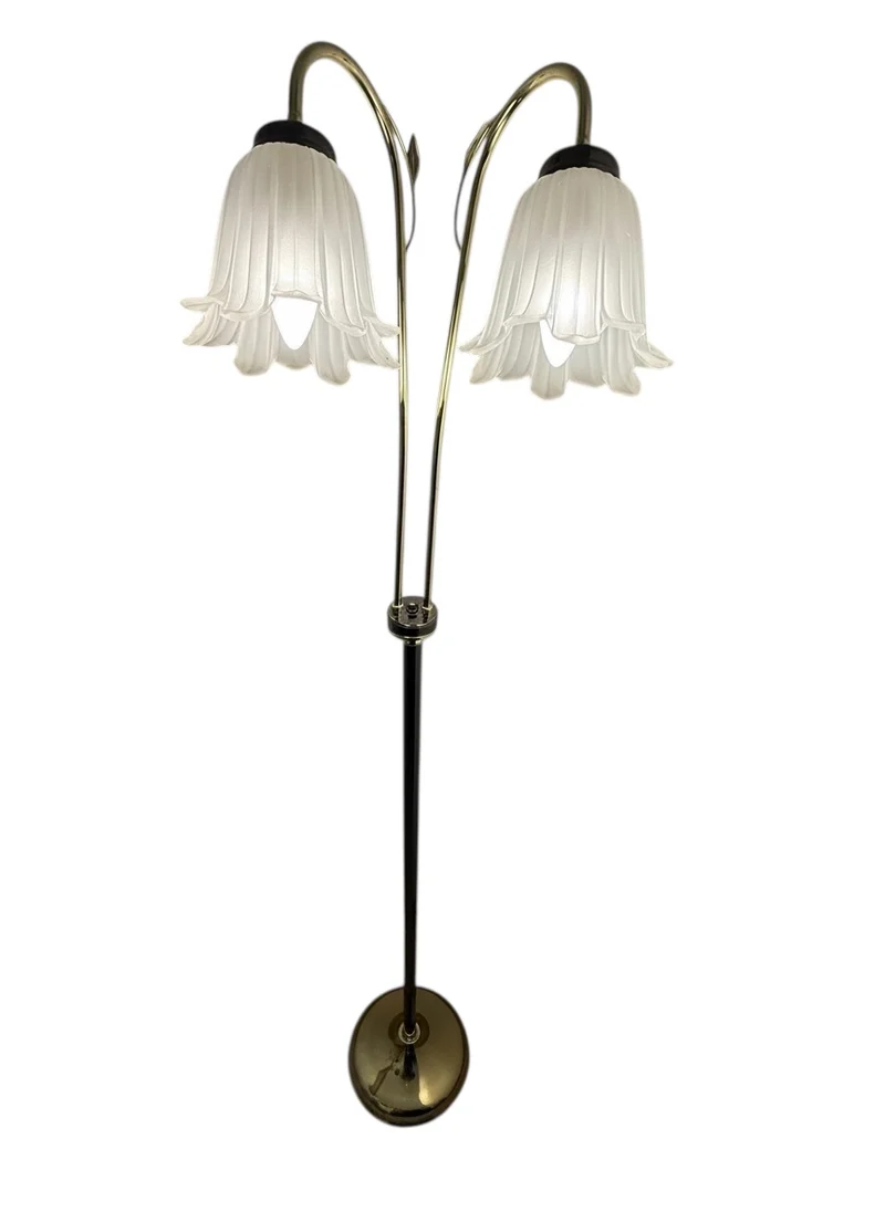 Lampadaire à double tulipe en verre opalin – Laiton et chrome – Style Art Nouveau – Années 1970