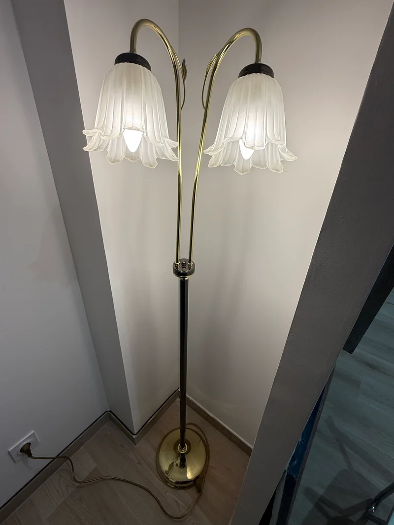 Lampadaire à double tulipe en verre opalin – Laiton et chrome – Style Art Nouveau – Années 1970