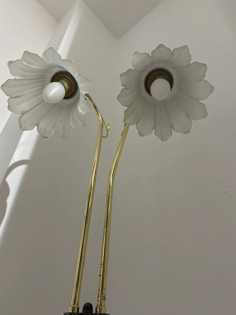 Lampadaire à double tulipe en verre opalin – Laiton et chrome – Style Art Nouveau – Années 1970