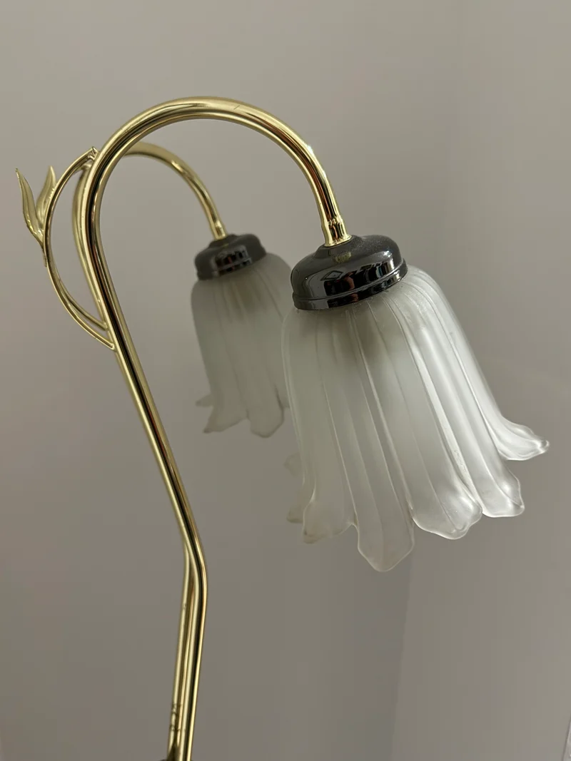 Lampadaire à double tulipe en verre opalin – Laiton et chrome – Style Art Nouveau – Années 1970