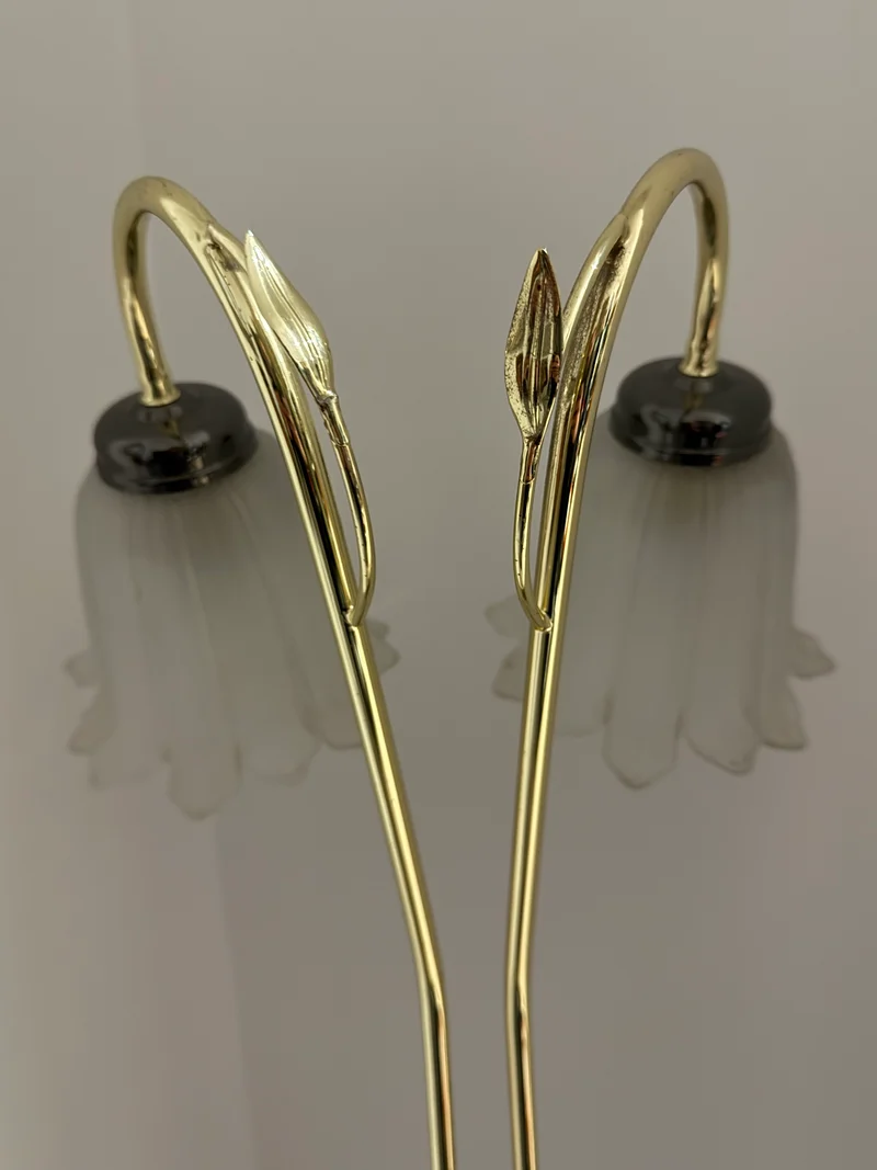 Lampadaire à double tulipe en verre opalin – Laiton et chrome – Style Art Nouveau – Années 1970