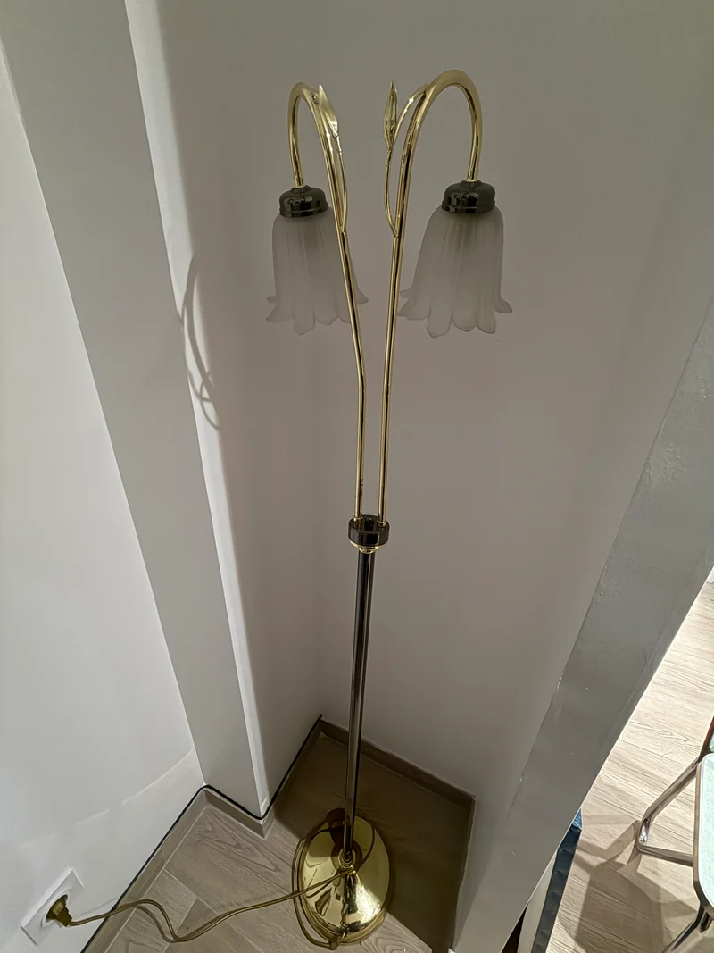 Lampadaire à double tulipe en verre opalin – Laiton et chrome – Style Art Nouveau – Années 1970