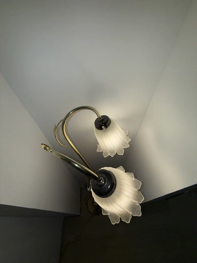 Lampadaire à double tulipe en verre opalin – Laiton et chrome – Style Art Nouveau – Années 1970