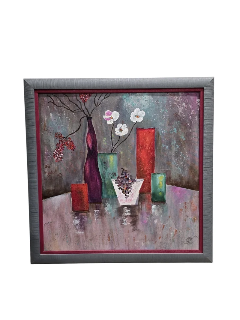 Tableau contemporain abstrait – Nature morte aux vases colorés – XXe siècle - 81x82