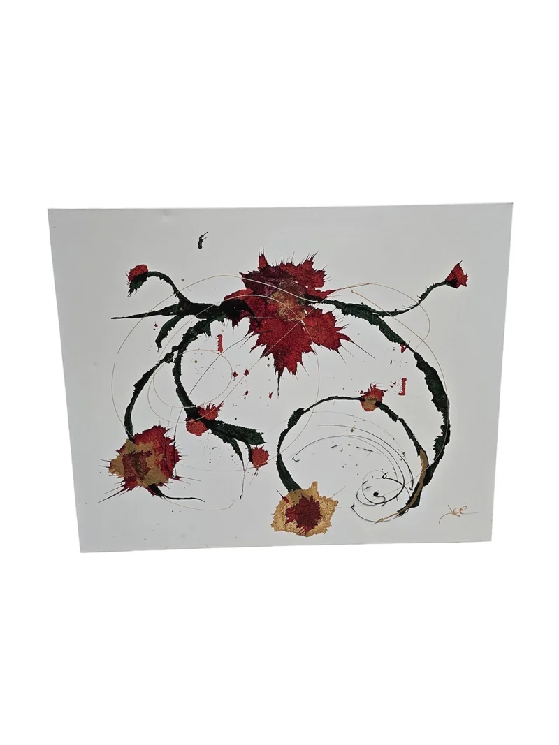 Tableau abstrait contemporain – Composition florale abstraite rouge, verte et or 92x73