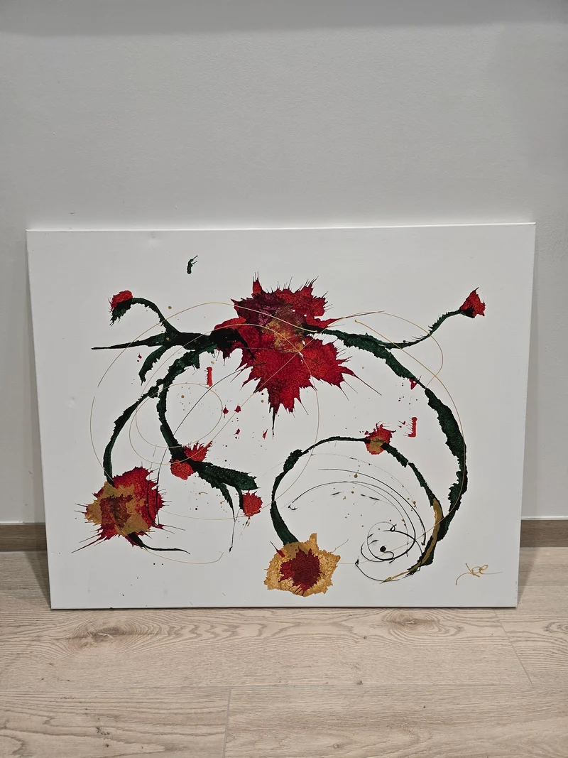 Tableau abstrait contemporain – Composition florale abstraite rouge, verte et or 92x73