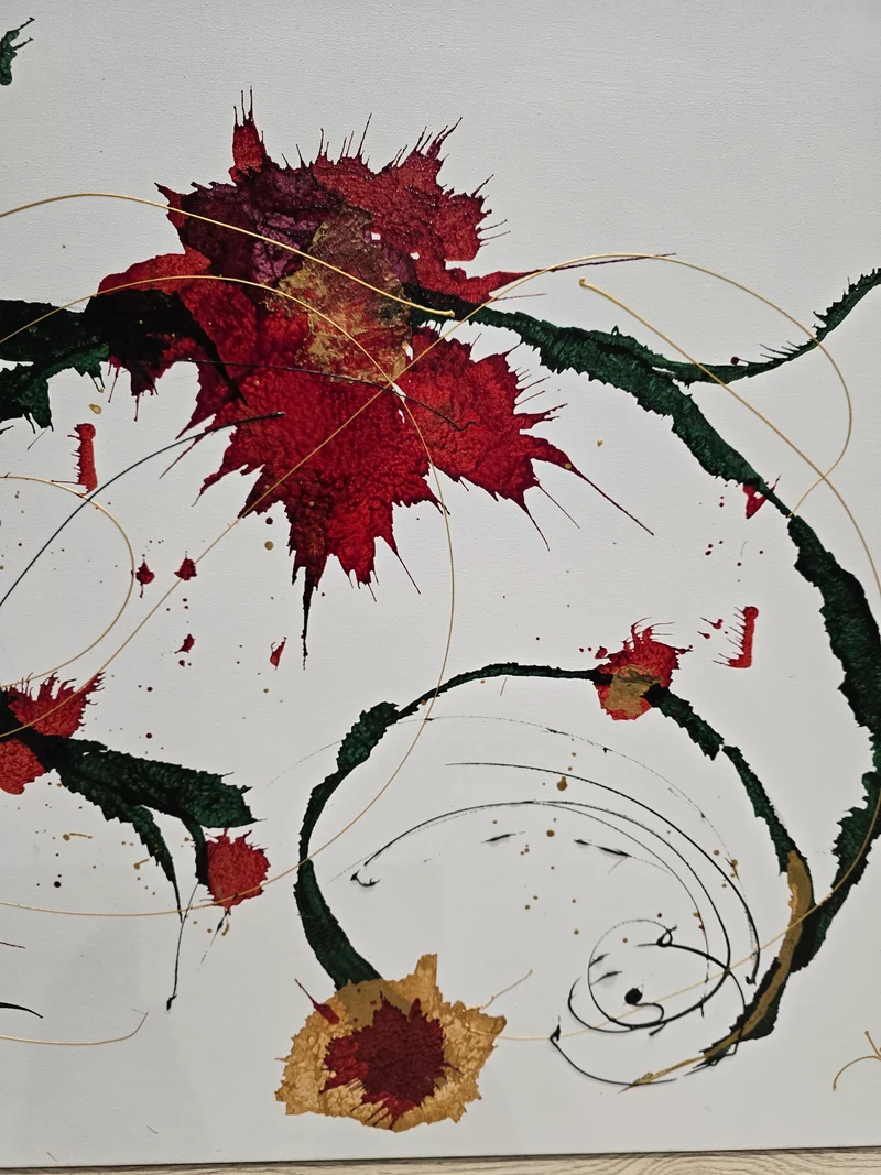 Tableau abstrait contemporain – Composition florale abstraite rouge, verte et or 92x73