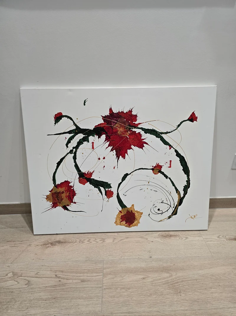Tableau abstrait contemporain – Composition florale abstraite rouge, verte et or 92x73