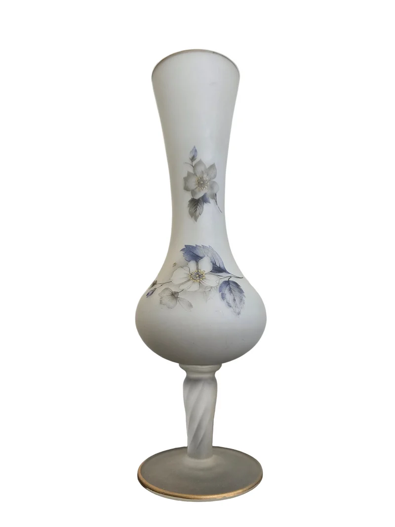 Soliflore ancien en verre dépoli décor floral bleu