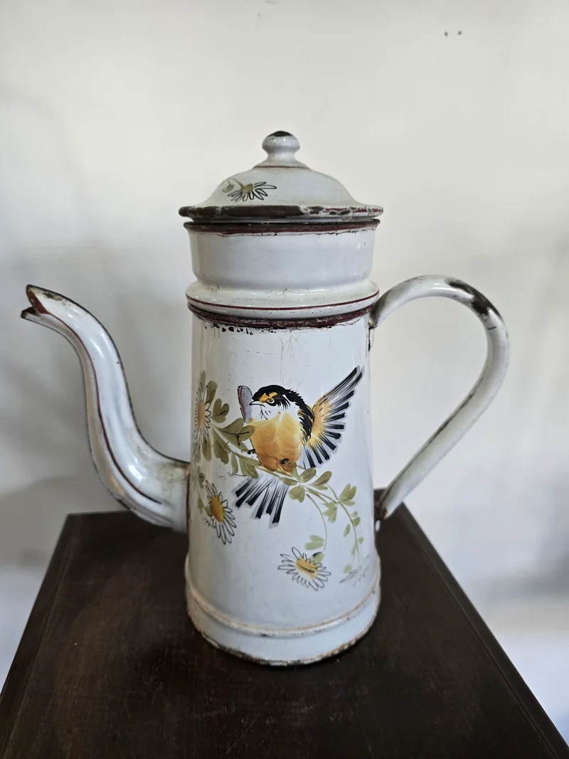 Théière ancienne en métal émaillé – Décor oiseau & fleurs – H.30 cm