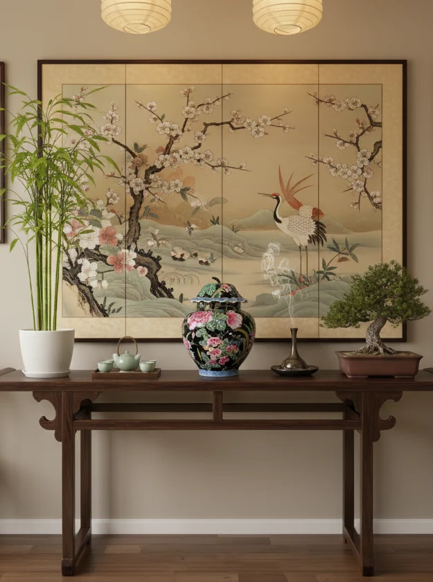 Grande potiche asiatique à décor floral – Décor main – Fond noir & couleurs vives