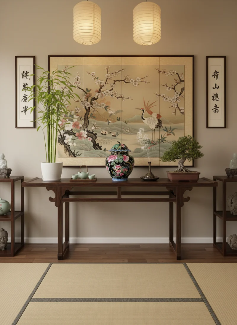 Grande potiche asiatique à décor floral – Décor main – Fond noir & couleurs vives