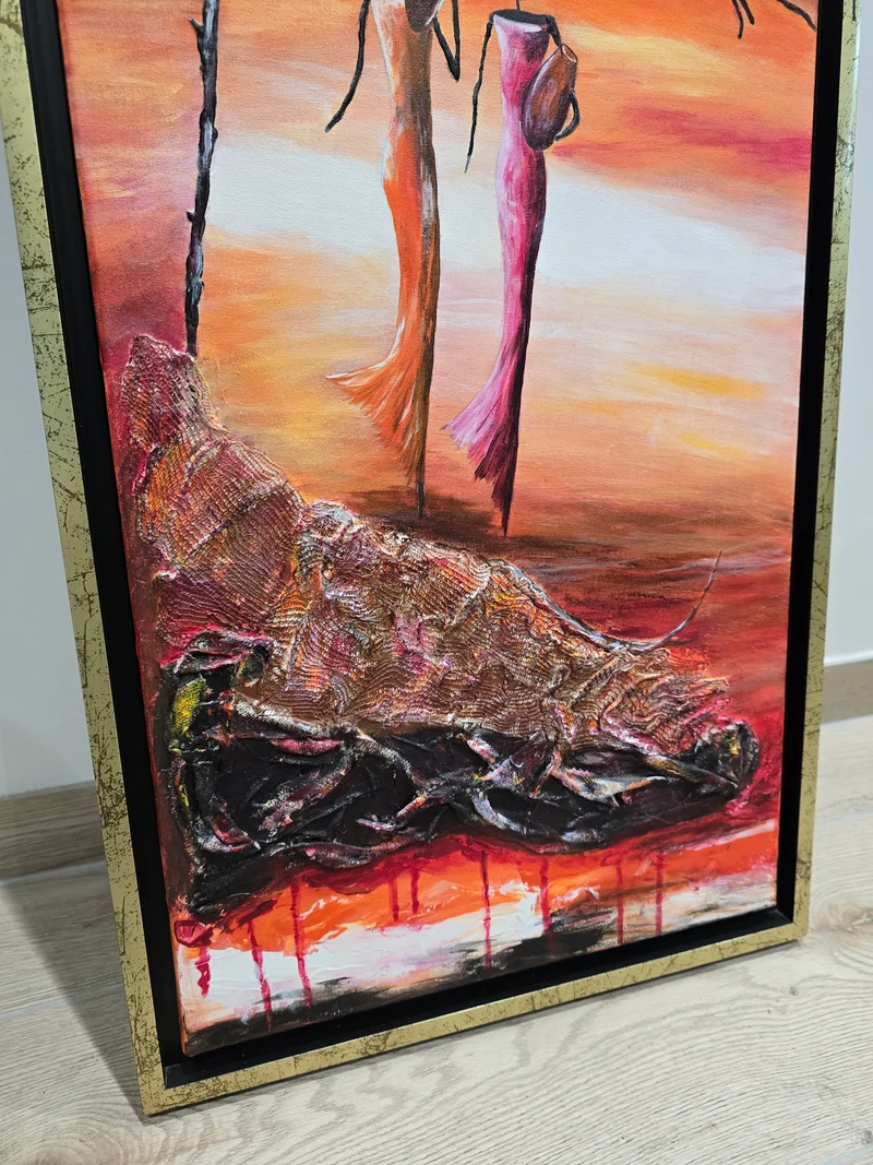 Tableau contemporain – Techniques mixtes & relief – Silhouettes féminines au coucher de soleil