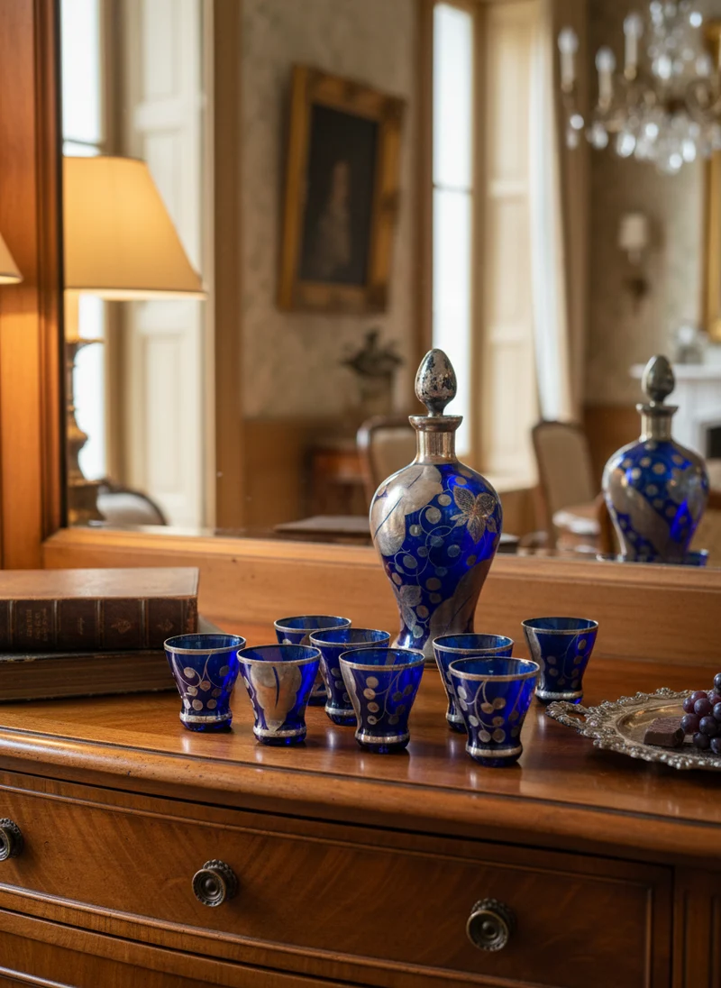 Service à liqueur ancien en verre bleu cobalt décoré d’argent – 1 carafe + 8 verres
