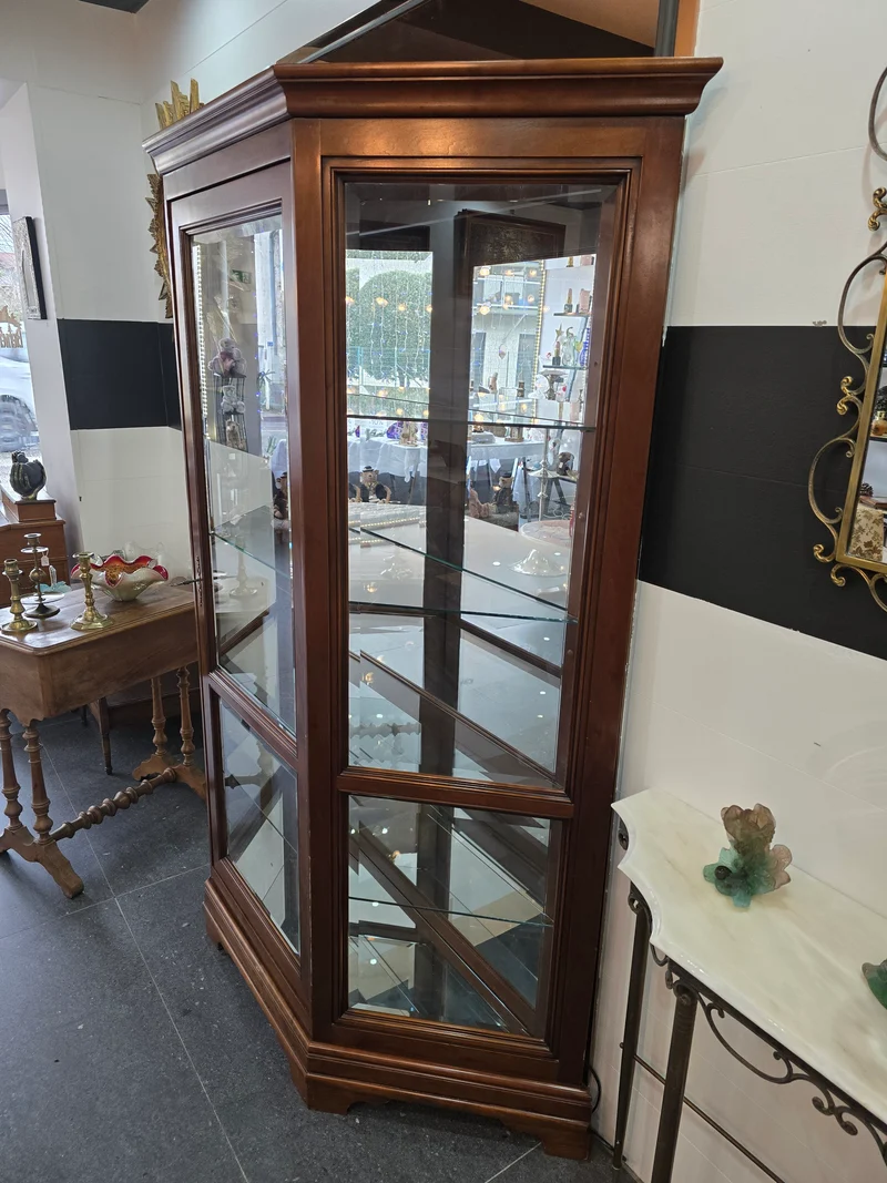 Vitrine hexagonale vintage en bois et verre – éclairé-Style classique. Collection