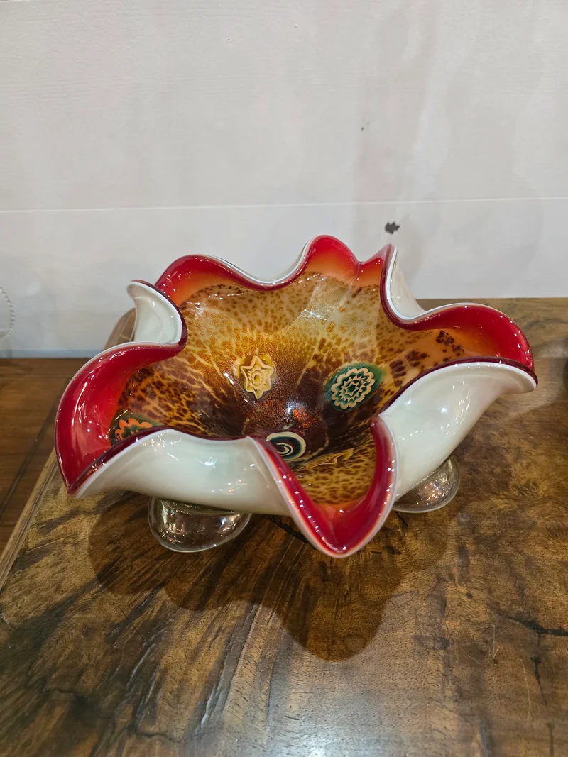 Coupe en verre de Murano – Millefiori & bord rouge – 26 cm