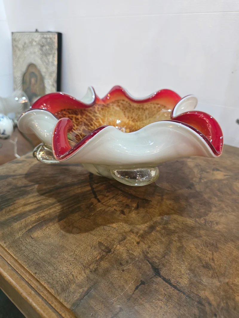 Coupe en verre de Murano – Millefiori & bord rouge – 26 cm