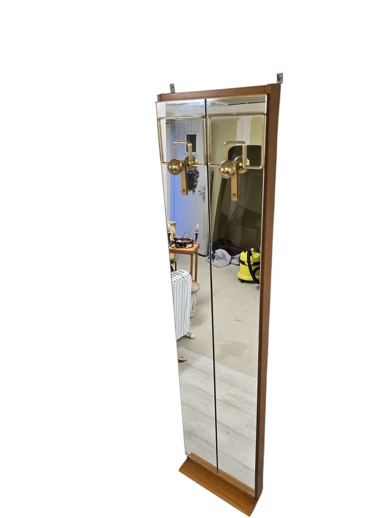 Porte-manteau mural miroir vintage – Laiton & bois – Années 1970