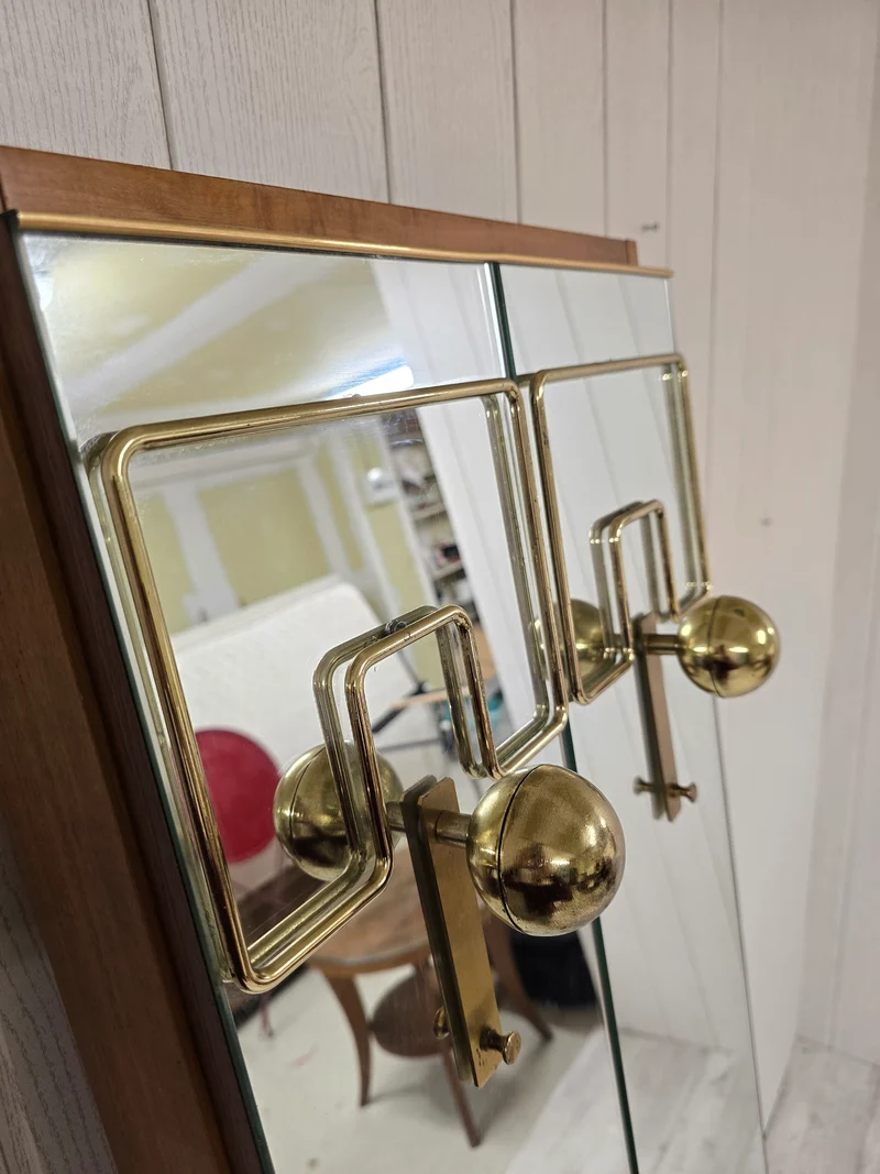 Porte-manteau mural miroir vintage – Laiton & bois – Années 1970