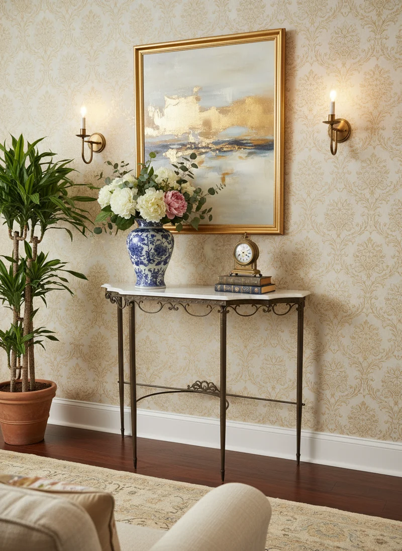 Console en fer forgé et plateau marbre – Style Art Déco / Néoclassique