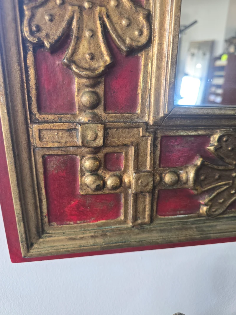 miroir mural Palladio, Italie, 1970 – Décor rouge et dorure patinée
