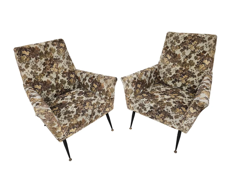 Paire de fauteuils Mid-Century Design – Piètement compas métal & tapisserie jacquard – Années 1960