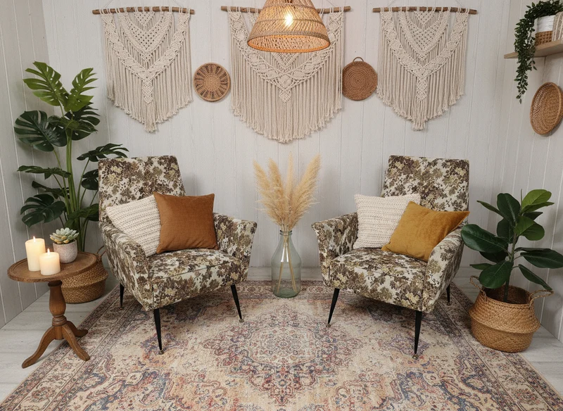 Paire de fauteuils Mid-Century Design – Piètement compas métal & tapisserie jacquard – Années 1960