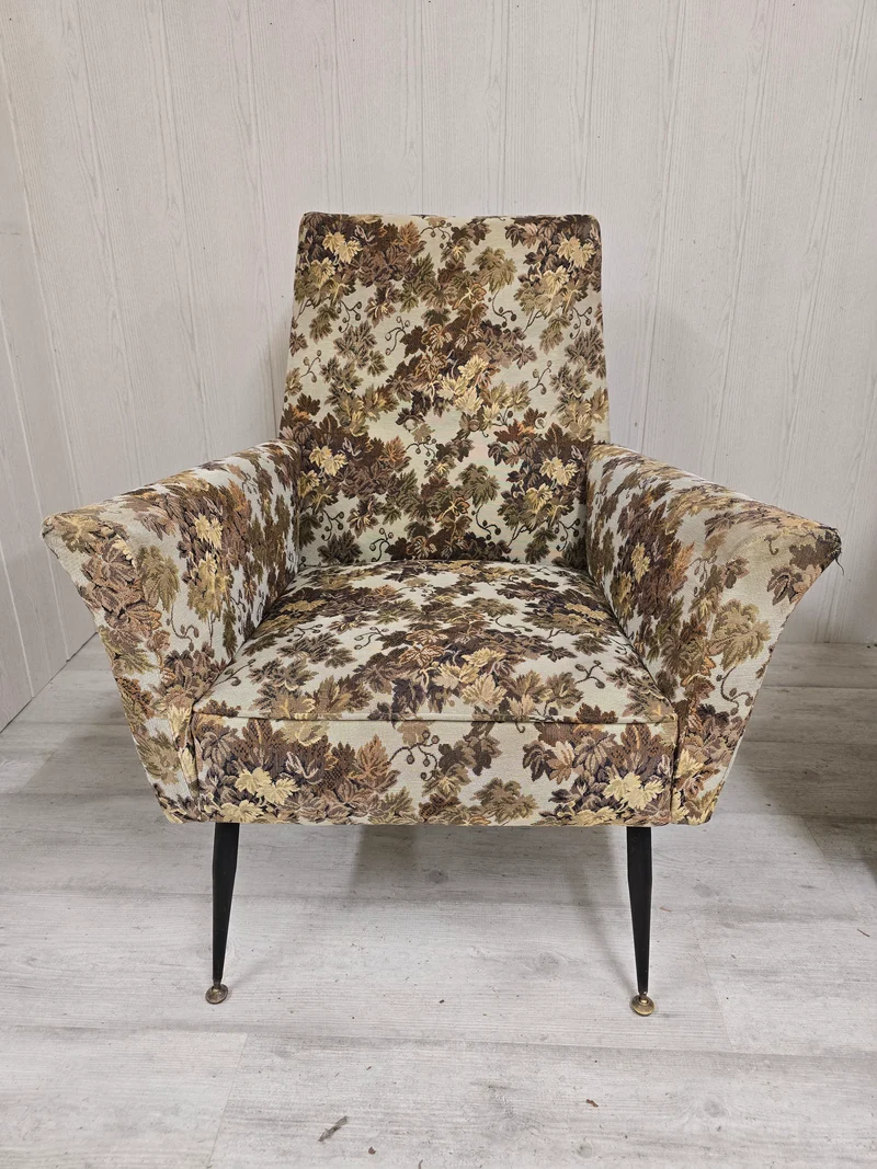 Paire de fauteuils Mid-Century Design – Piètement compas métal & tapisserie jacquard – Années 1960