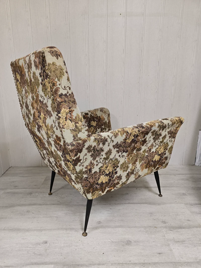 Paire de fauteuils Mid-Century Design – Piètement compas métal & tapisserie jacquard – Années 1960