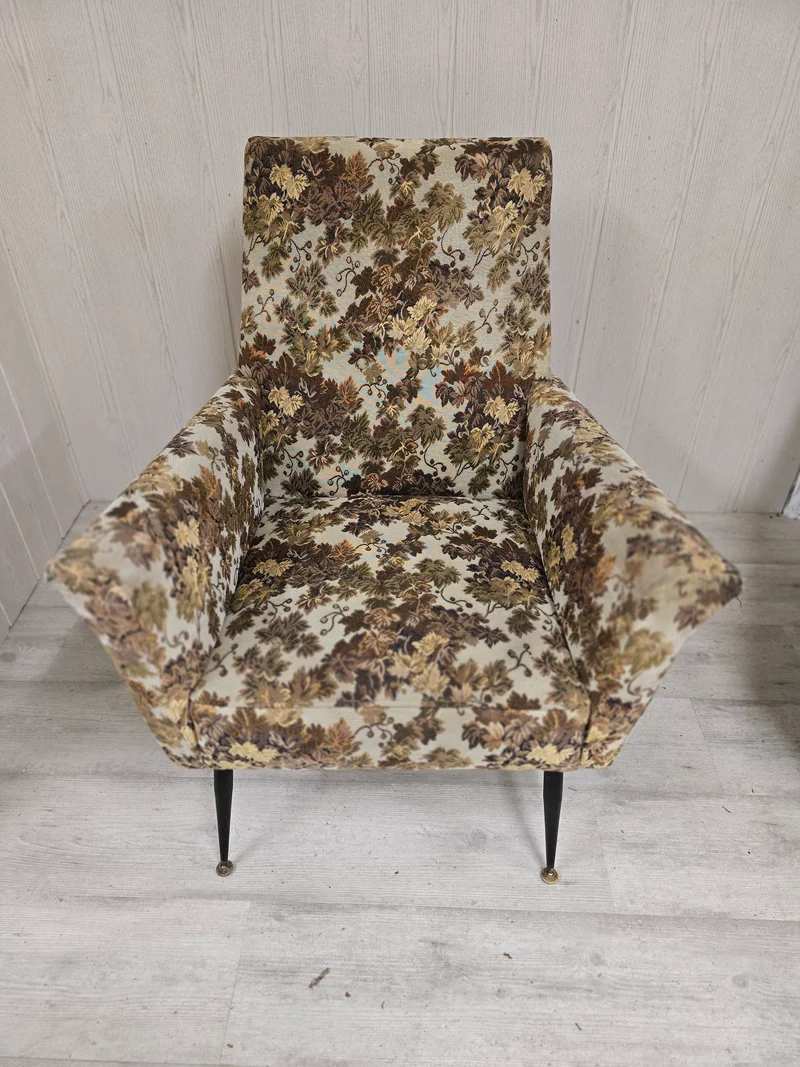 Paire de fauteuils Mid-Century Design – Piètement compas métal & tapisserie jacquard – Années 1960